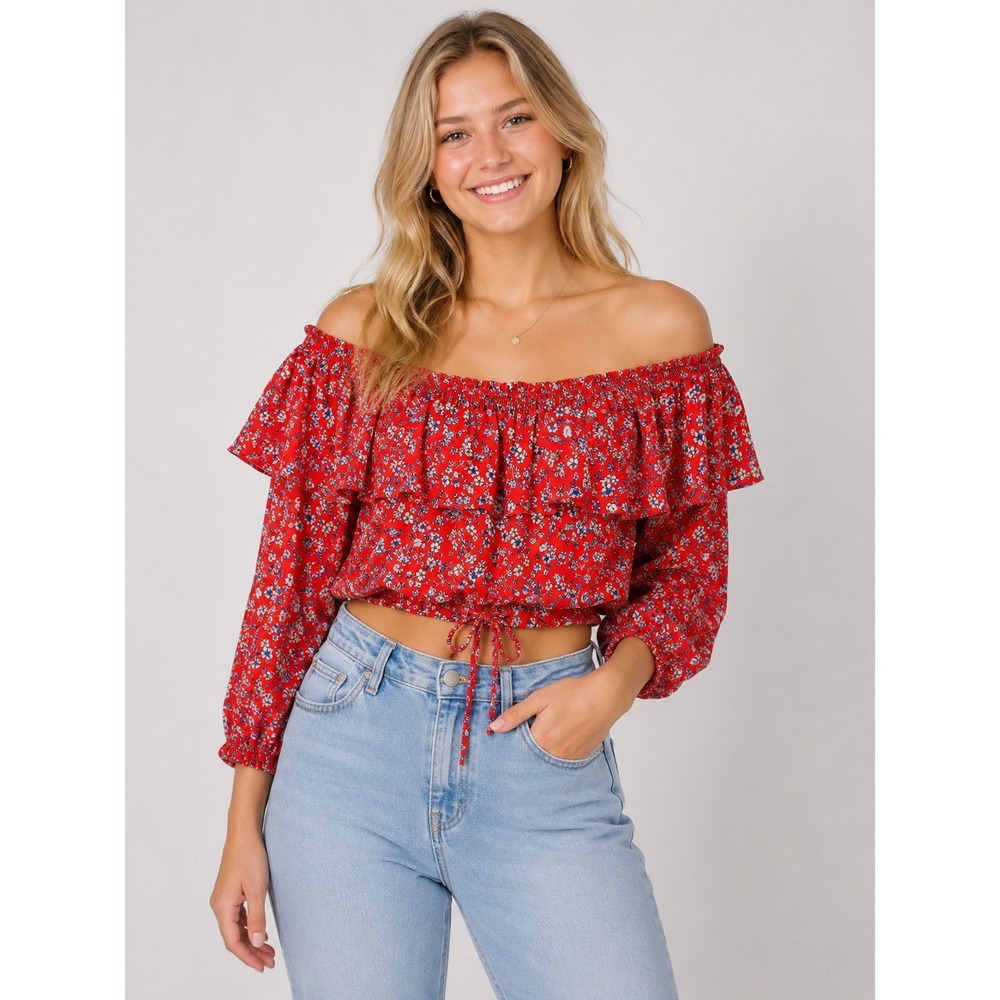 Timing Floral Off Shoulder Crop Top Red Smocked Flounce Tie Boho Cottage - Picture 2 of 7
